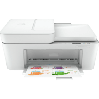 HP DeskJet 4122e printer, front view, paper tray open.