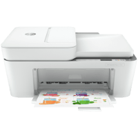 HP DeskJet 4158e printer, front view, paper tray open.