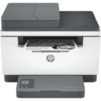 HP LaserJet M236sdw printer, front view, paper tray open.