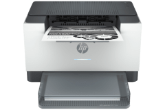 HP Laserjet M211dw printer, front view, paper tray open.