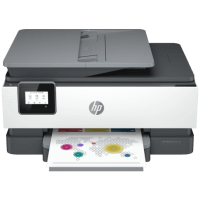 HP OfficeJet 8015e printer, front view, paper tray open.