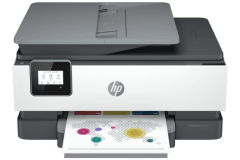 HP OfficeJet 8015e printer, front view, paper tray open.
