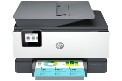 HP OfficeJet Pro 9014e printer, front view, paper tray open.