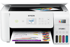 Epson EcoTank ET-2803 printer, front view, paper tray open.