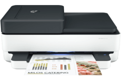 HP ENVY 6458e printer, front view, paper tray open.
