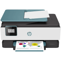 HP Officejet 8015 printer, front view, paper tray open.