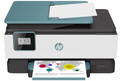 HP Officejet 8015 printer, front view, paper tray open.