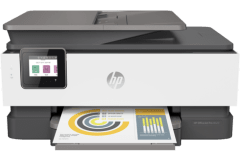 HP Officejet Pro 8023 printer, front view, paper tray open.
