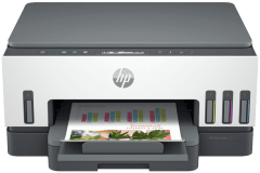 HP Smart Tank 720 printer, front view, paper tray open.