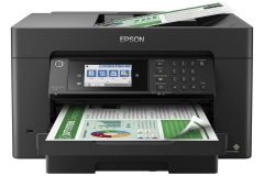 Epson Workforce Pro WF 7819 printer, front view, paper tray open.
