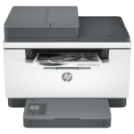HP LaserJet M236sdn printer, front view, paper tray open.