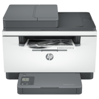HP LaserJet M236sdn printer, front view, paper tray open.