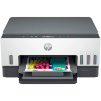 HP Smart Tank 670 printer, front view, paper tray open.