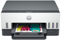 HP Smart Tank 670 printer, front view, paper tray open.