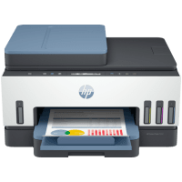 HP Smart Tank 7302e printer, front view, paper tray open.