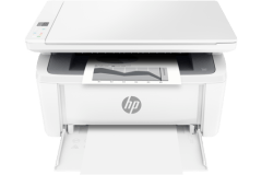 HP LaserJet M141w printer, front view, paper tray open.