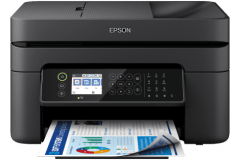 Epson WF-2870DWF printer, front view, paper tray open.