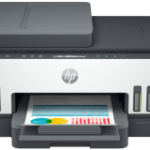HP Smart Tank 7305e printer, front view, paper tray open.
