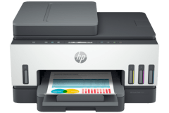 HP Smart Tank 7305e printer, front view, paper tray open.