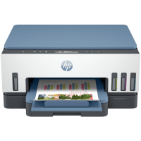 HP Smart Tank 725 printer, front view, paper tray open.