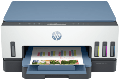 HP Smart Tank 725 printer, front view, paper tray open.