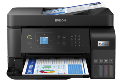 Epson EcoTank L5590 printer, front view, paper tray open.