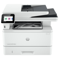 HP LaserJet Pro MFP 4103dw printer, front view, paper tray open.