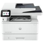 HP LaserJet Pro MFP 4103fdw printer, front view, paper tray open.
