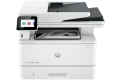 HP LaserJet Pro MFP 4103fdw printer, front view, paper tray open.