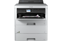 Epson WorkForce Pro WF-C529RDW printer, front view, paper tray open.