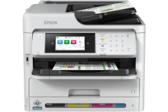 Epson WorkForce Pro WF-C5890DWF printer, front view, paper tray open.