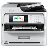 Epson WorkForce Pro WF-M5899 printer, front view, paper tray open.