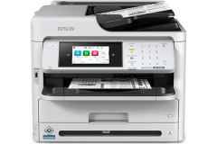 Epson WorkForce Pro WF-M5899 printer, front view, paper tray open.