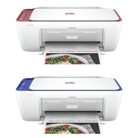 HP DeskJet 2823e printer, front view, paper tray open.