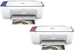 HP DeskJet 2823e printer, front view, paper tray open.