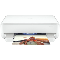 HP ENVY 6052e printer, front view, paper tray open.