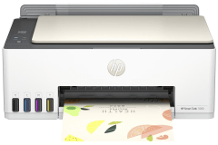 HP Smart Tank 5000 printer, front view, paper tray open.