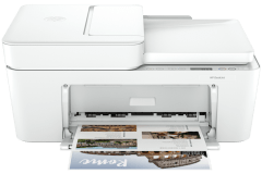 HP DeskJet 4220e printer, front view, paper tray open.
