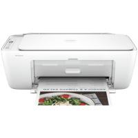 HP DeskJet 2855e printer, front view, paper tray open.