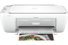 HP DeskJet 2855e printer, front view, paper tray open.