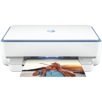 HP Envy 6065e printer, front view, paper tray open.