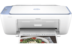 HP DeskJet 2822e printer, front view, paper tray open.