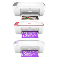 HP DeskJet 2842e printer, front view, paper tray open.