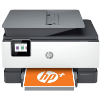 HP OfficeJet Pro 9018e printer, front view, paper tray open.