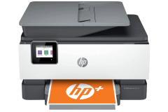 HP OfficeJet Pro 9018e printer, front view, paper tray open.
