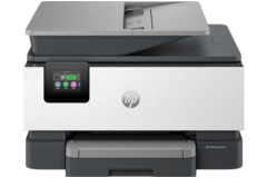 HP OfficeJet Pro 9125e printer, front view, paper tray open.