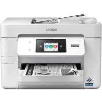 Epson WorkForce Pro WF-M4619 printer, front view, paper tray open.