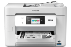 Epson WorkForce Pro WF-M4619 printer, front view, paper tray open.